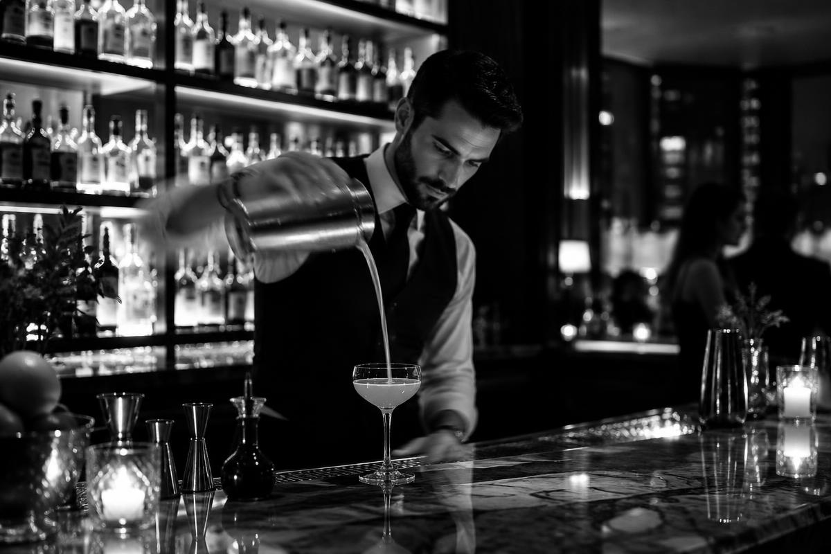 A bartender pouring a drink at a busy restaurant bar in the evening